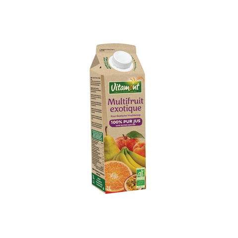 Vibrant juice mix of apple, orange, banana, pear, apricot, and passion fruit, made exclusively with organic ingredients.