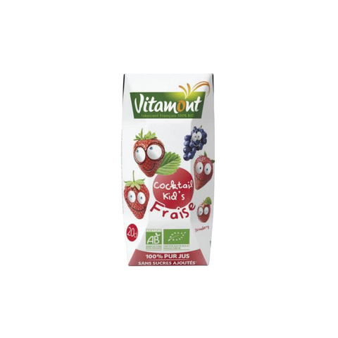 Fruity cocktail for children, made from apple, strawberry, and grape juices. 100% organic and naturally sweet.