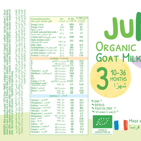 Enriched organic goat milk with vitamin B12 for immune support.